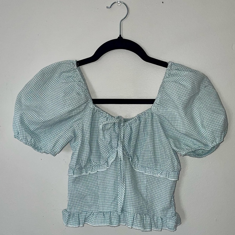 Gingham Puff Sleeve Crop Top